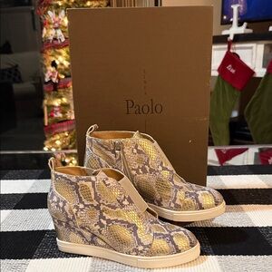 Paolo Women's Snake Print Gold and Cream Wedge Sneakers